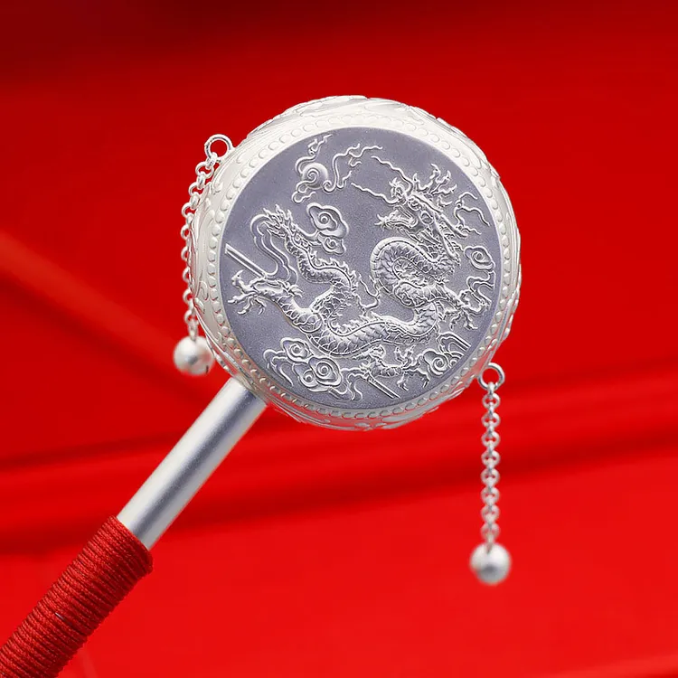 足银银制品 纯银拨浪鼓999足银手摇老式鼓婴儿童玩具结婚周岁礼物