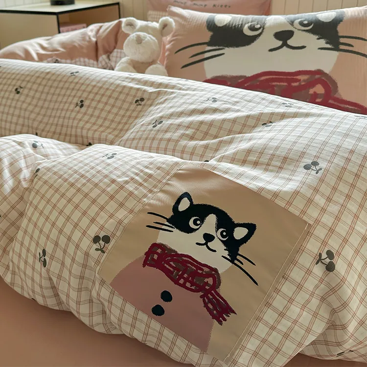 卡通风小黑猫原创贴画双层纱床上四件套纯棉100%全棉被套床单床笠