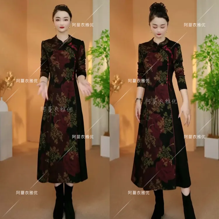 【衣雅严选】8089-1360#新款锦棉罗马烫金重工刺绣改良旗袍连衣裙