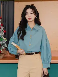 港风复古长袖衬衫女春秋季宽松显瘦独特漂亮上衣3660