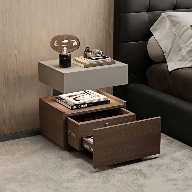 悬浮式实木床头柜带暗格意式极简带灯床边柜轻奢高级感卧室储物柜