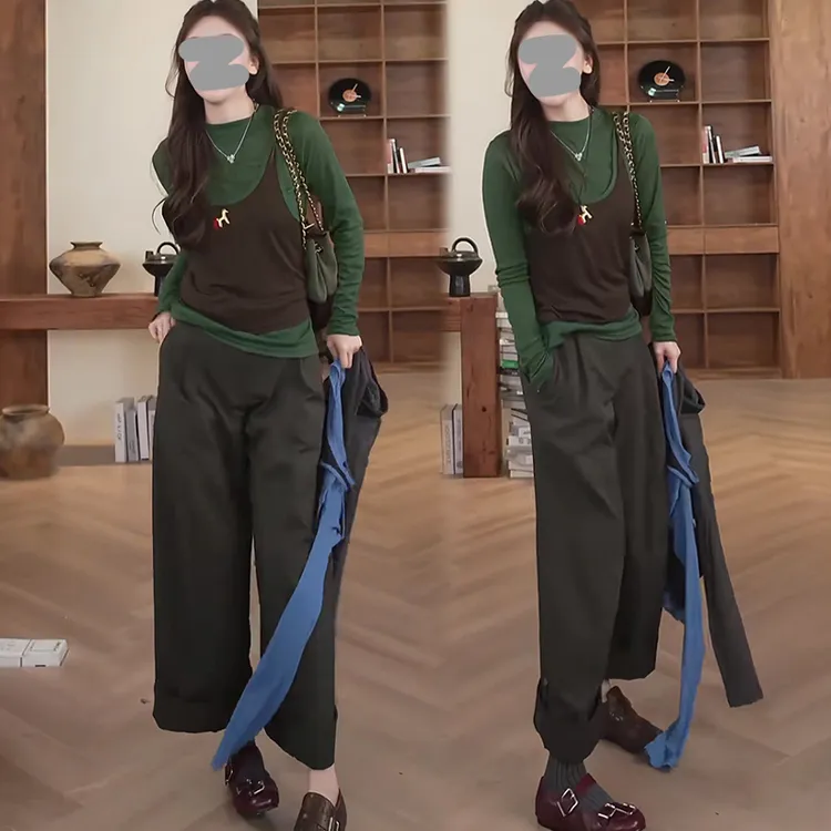 韩系高级感绿色长袖t恤女2026春秋季新款时髦叠穿吊带背心上衣女