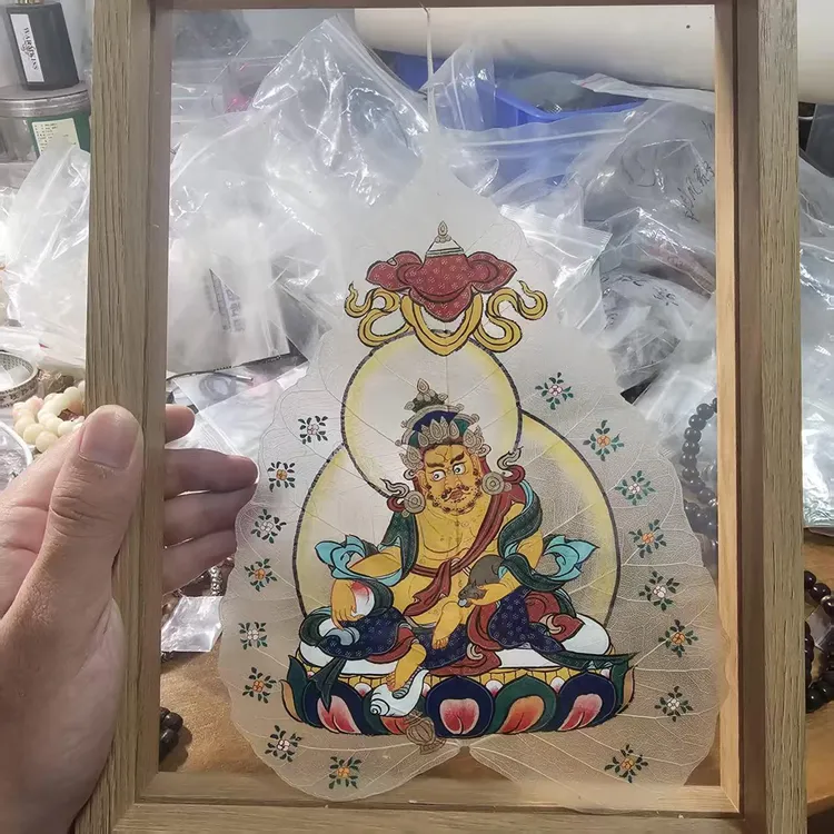 热贡手绘菩提叶唐卡黄财神可作桌摆装饰