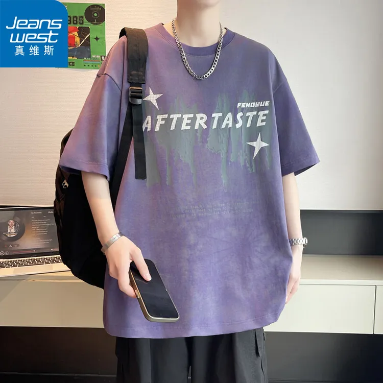 Jeanswest/真维斯港风短袖男潮流宽松夏季青少年圆领T恤学生半袖