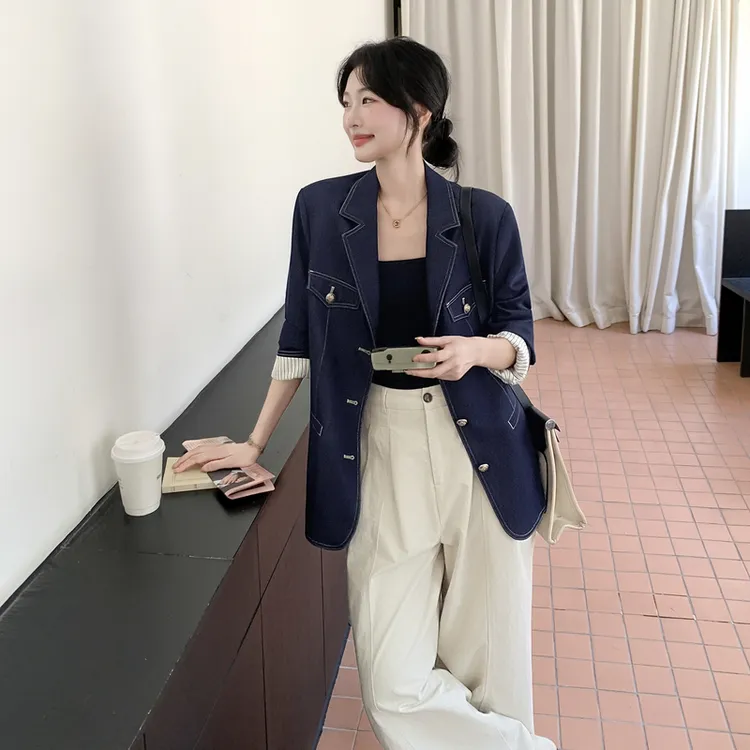 蓝色复古学院风牛仔西装外套女2025秋季气质通勤小个子西服上衣