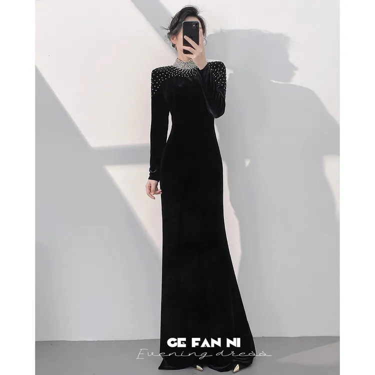 黑色晚礼服女中国风高级感重要场合气质年会主持人鱼尾丝绒长裙