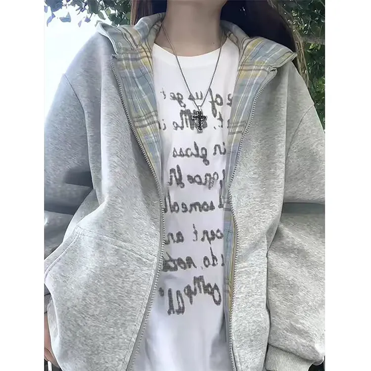 两面穿格子拼接卫衣男女秋季美式复古连帽开衫外套慵懒风情侣夹克