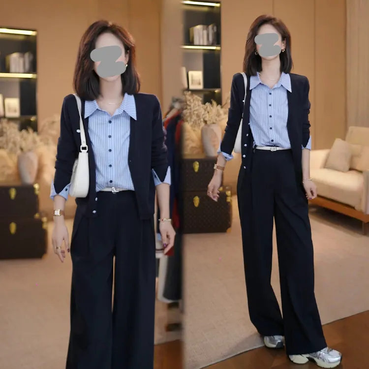 欧洲站高级感套装女2025春秋新款假两件针织长袖衬衫阔腿裤两件套