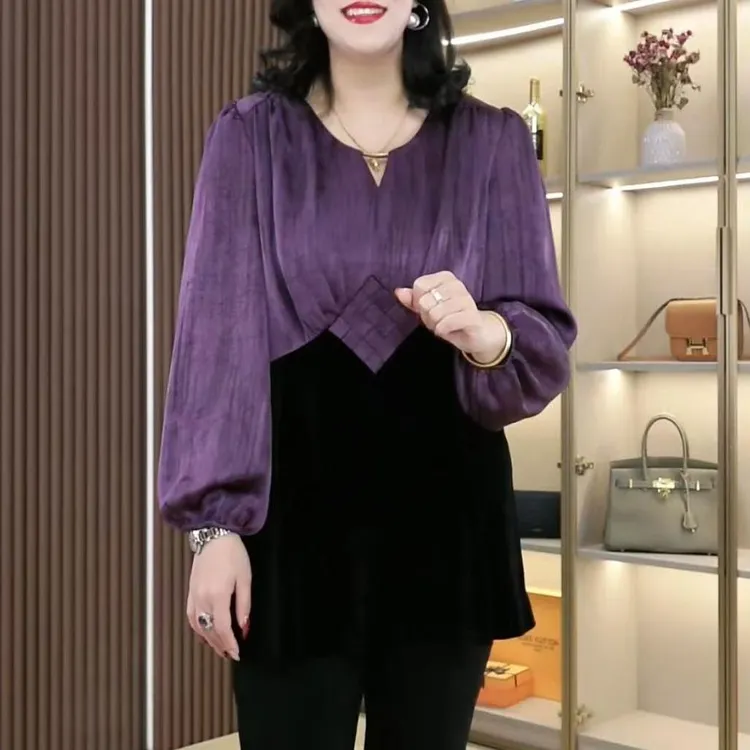丹思慕秋季新款大码女装拼接气质宽松显瘦遮肉显瘦上衣241383