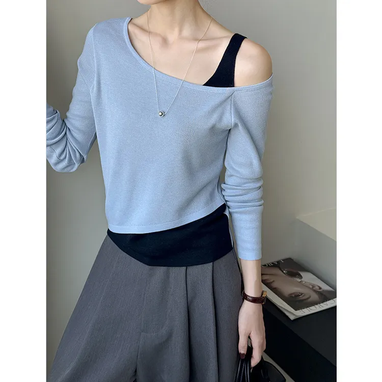 橘芷 早秋新款撞色灰色假两件内搭短款针织衫女打底长袖上衣  509