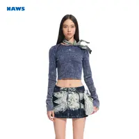NAWS 火山修身长袖TEE【高定牛仔系列 】仿牛仔雪花水洗短款T恤