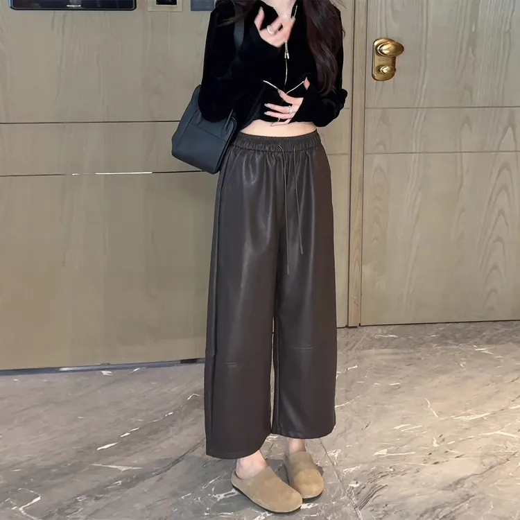 欧货抽绳松紧腰蛋白皮九分皮裤女秋季2025新款高腰显瘦气质休闲裤