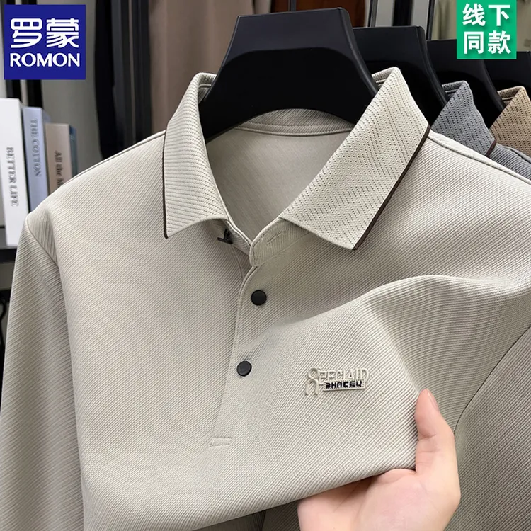 罗蒙印花长袖polo衫春秋新款男士翻领上衣高级商务宽松t恤打底衫