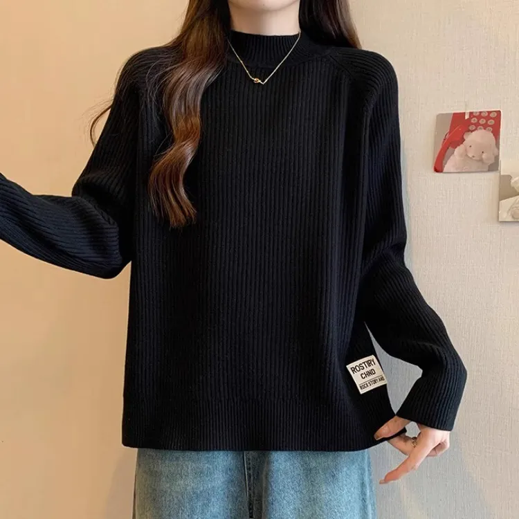 大码黑色半高领内搭针织毛衣女春秋新款胖mm坑条显瘦打底加厚上衣