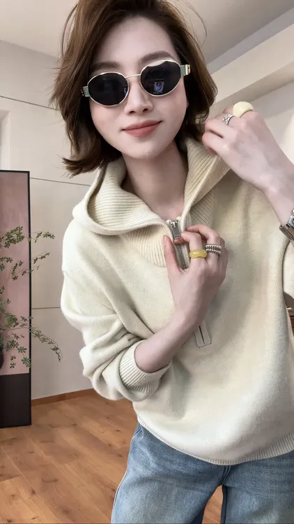 月月 2025秋冬新款小众设计显瘦百搭针织衫连帽帽衫 2510C7360