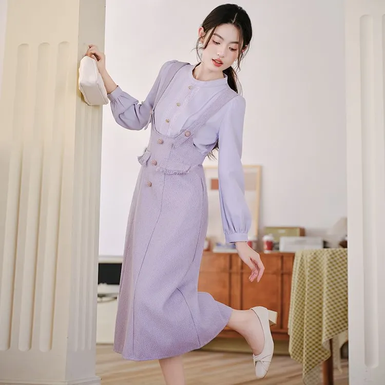 法式学院风假两件背带气质高级感修身显瘦连衣裙复古春季收腰