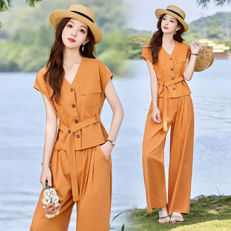 无袖翻领衬衫时尚套装女2025夏季新款高级感休闲百搭阔腿裤两件套