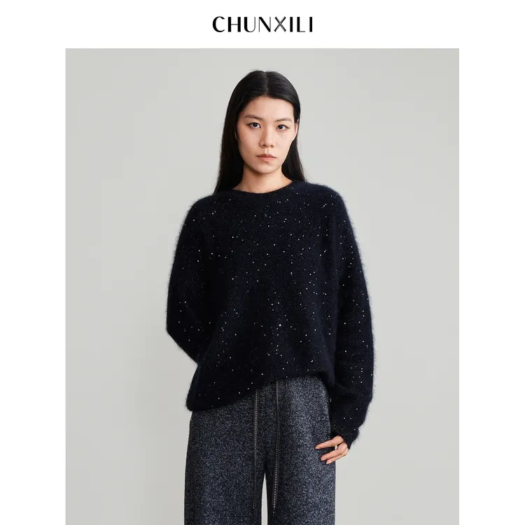 【银河毛衣】CHUNXILI/春熙里 圆领亮片针织衫宽松毛衣D00M54110