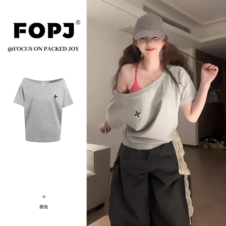 FOPJ学院风穿搭美式甜辣妹设计感夏季斜肩短袖t恤女百搭显瘦上衣