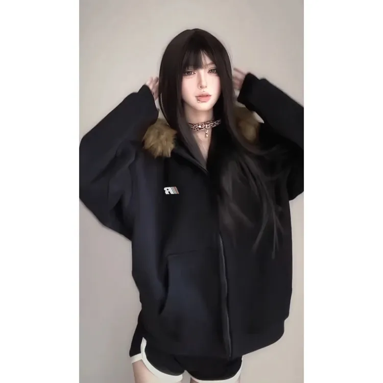 美式复古毛领开衫拉链大版显瘦微胖大码连帽卫衣外套女秋季上衣