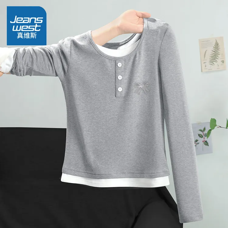 真维斯 美式假两件长袖t恤女春秋2025新款修身显瘦打底衫正肩上衣