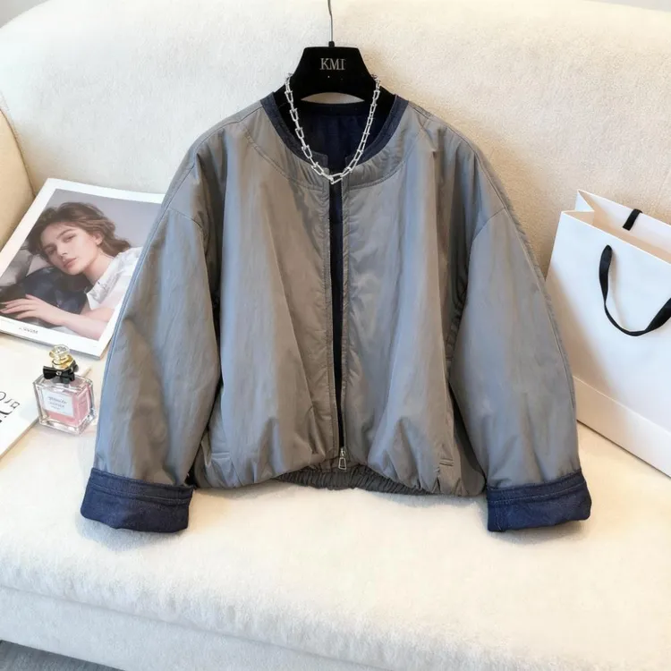 时尚冬季新款保暖小众圆领外套棉服宽松减龄百搭拼接拉链面包服女