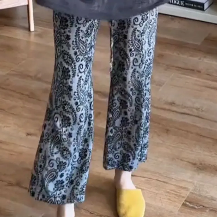 夏季新款高腰显瘦腰果花微喇叭九分女裤洋气百搭