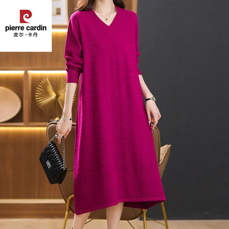皮尔卡丹加肥加大码长款针织宽松连衣裙女胖秋冬新款遮肉时尚毛衣
