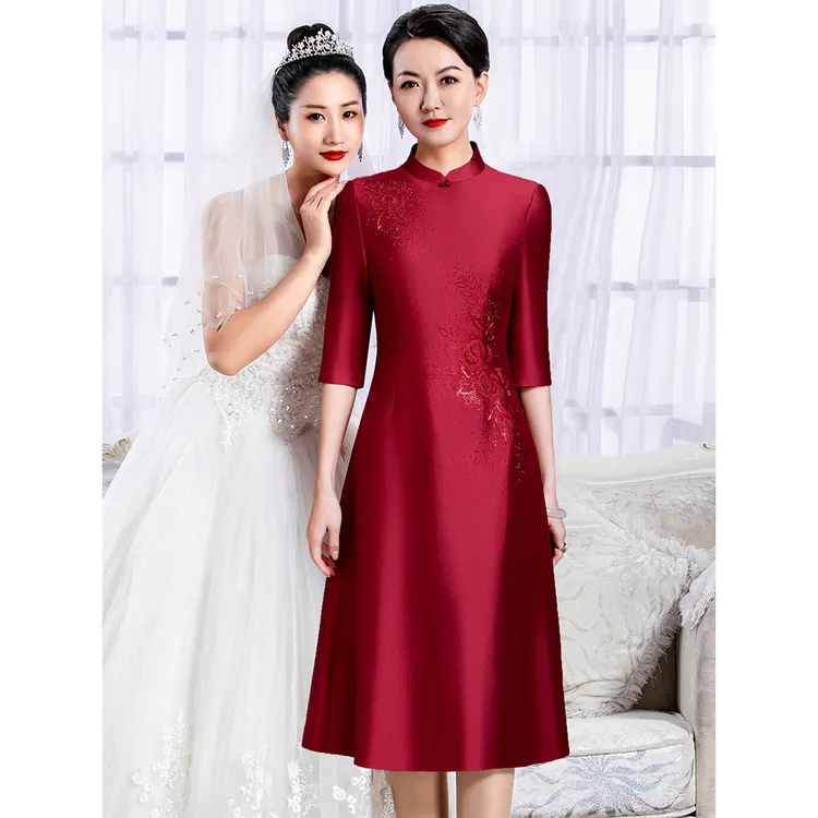 5871高贵优雅年轻喜妈妈婆婆婚宴旗袍初夏宴会结婚酒红色礼服裙子