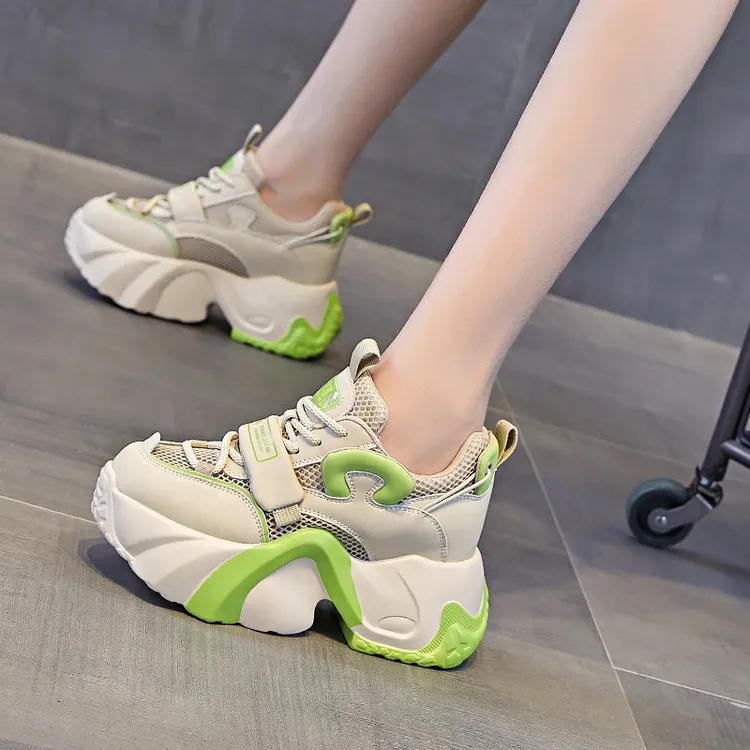 万达撤柜头层牛皮增高9cm老爹鞋女2025夏季新款运动透气网面厚底