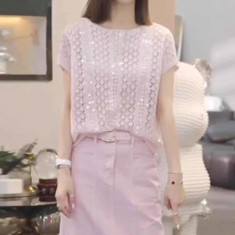 设计感亮片镂空针织衫2025夏季胖MM大码女装遮肉时尚别致圆领上衣