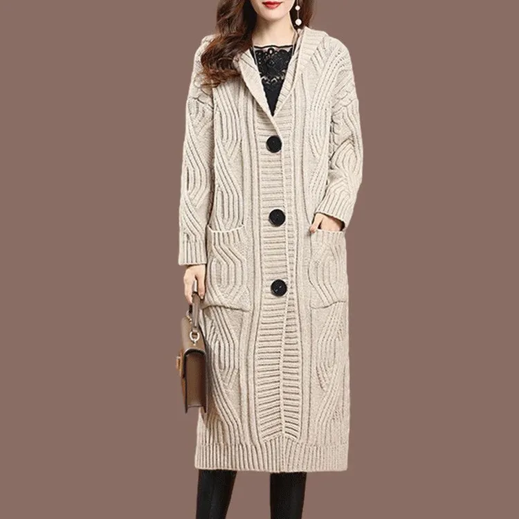 高档秋冬新款连帽中长款针织开衫加厚毛衣外套纯色时尚过膝针织衫