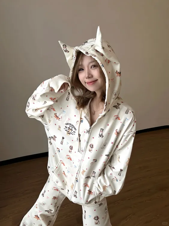 复古小狗连帽睡衣套装女2025春秋季慵懒风宽松微喇裤两件套可外穿