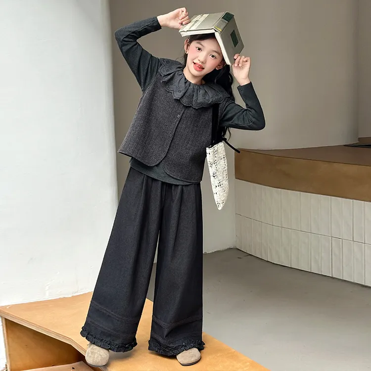 女童秋装马甲阔腿裤衬衫套装春秋季2025新款中大童女孩休闲三件套