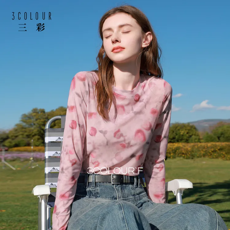 三彩独醒2026春季新款网纱印花T恤圆领正肩长袖上衣内搭修身甜酷F