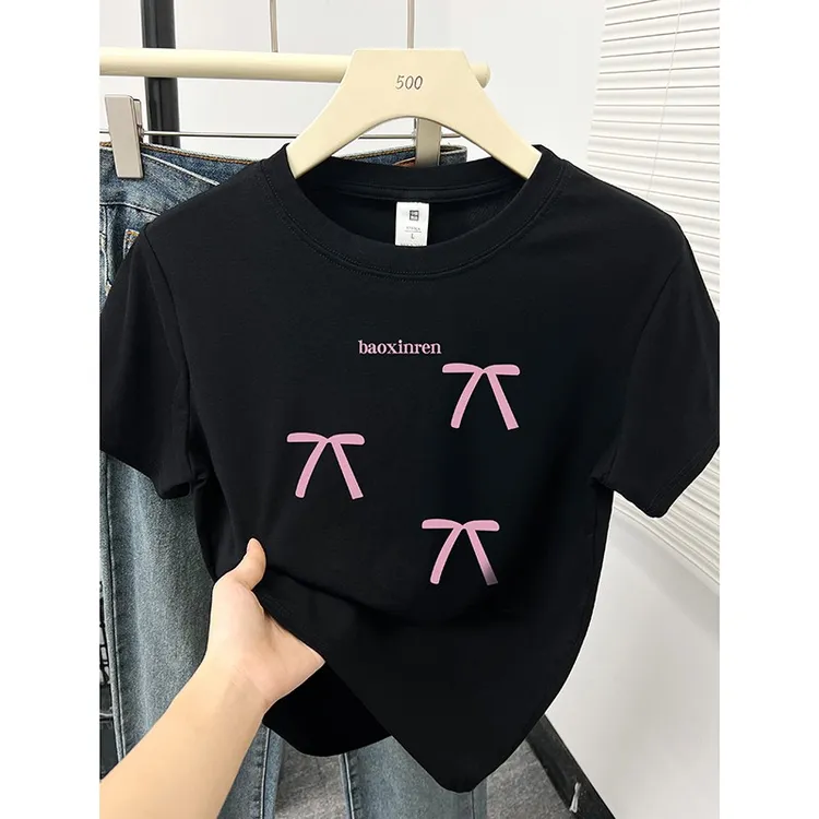 短袖T恤女夏季新款设计感韩系ins蝴蝶结印花正肩今年短袖女t恤