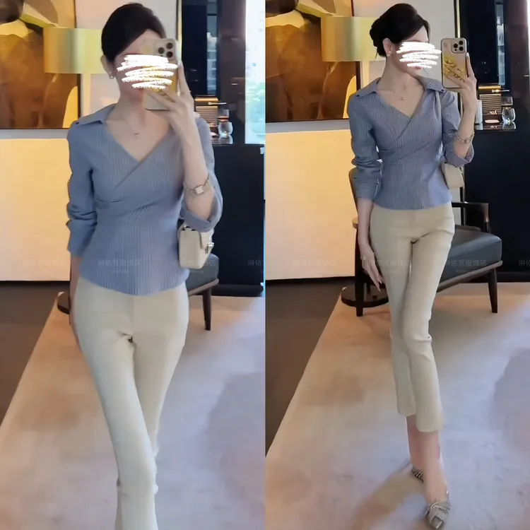 2025秋季新款设计感时尚撞色条纹修身衬衫收腰高弹小脚休闲裤套装