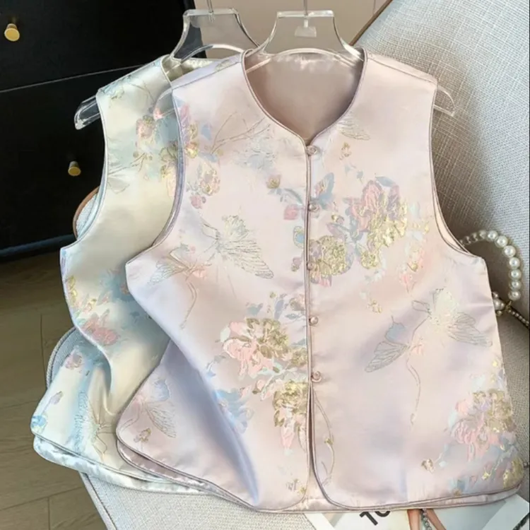 2025春季新中式复古中国风盘扣圆领提花织锦古风无袖百搭马甲印花