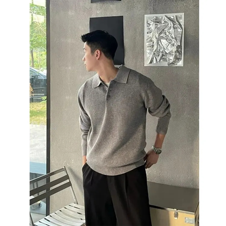 老钱风浅灰色Polo领毛衣男款秋季高级感男装慵懒松弛感翻领针织衫