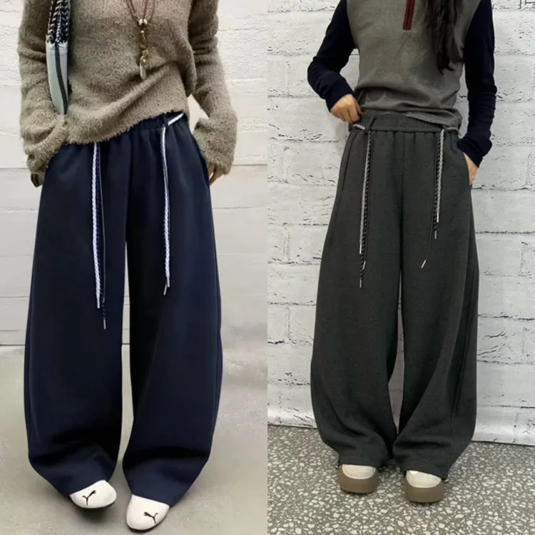 丹姐家—9639秋季新款松紧腰配撞色腰带宽松显瘦弯刀阔腿长裤