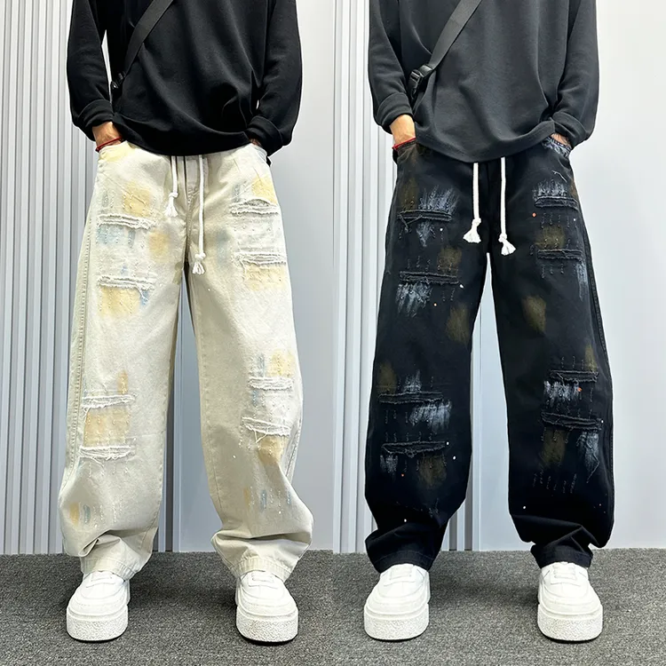 美式高街潮牌弯刀牛仔裤男秋季款扎染做旧宽松阔腿裤痞帅直筒长裤