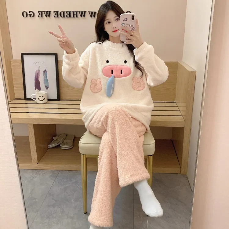 半边绒睡衣女秋冬加厚保暖长袖长裤卡通冬季珊瑚绒女生家居服套装