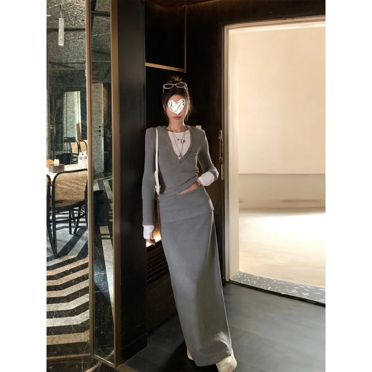 辣妹性感撞色修身上衣开叉半裙套装女长袖T恤+长裙两件套秋F01957