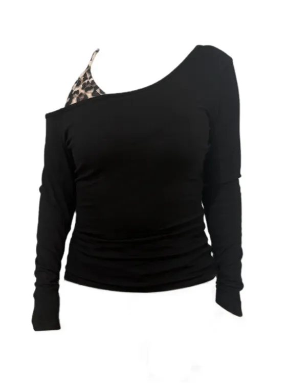 Amy家 微胖mm美式辣妹纯欲风长袖T恤女设计感豹纹拼接打底衫上衣