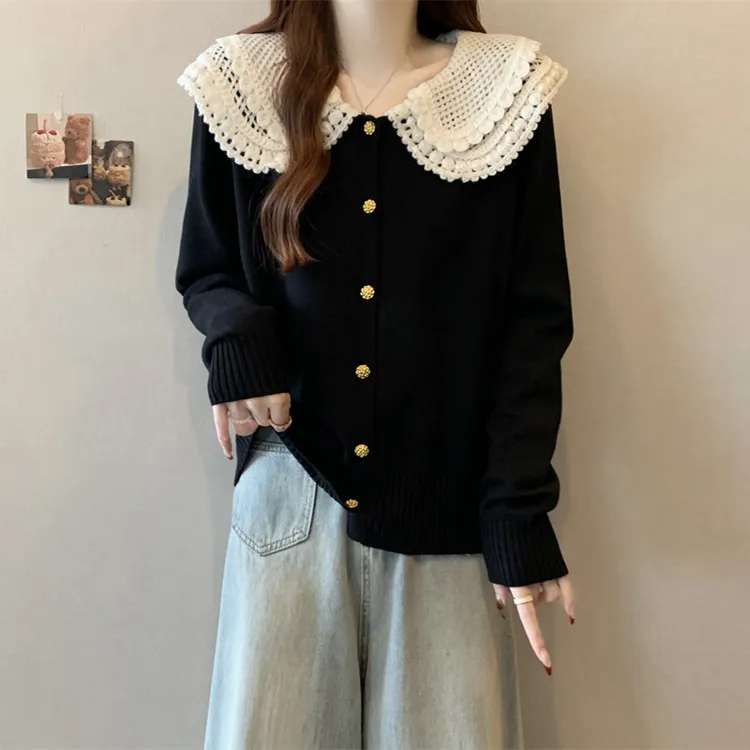 大码遮肚子娃娃领拼接针织衫女春秋胖妹妹显瘦遮肉长袖小香风毛衣