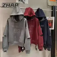 【ZHAP】韩版宽松长袖连帽卫衣女字母绣花拼接条纹袖秋冬季百搭上衣