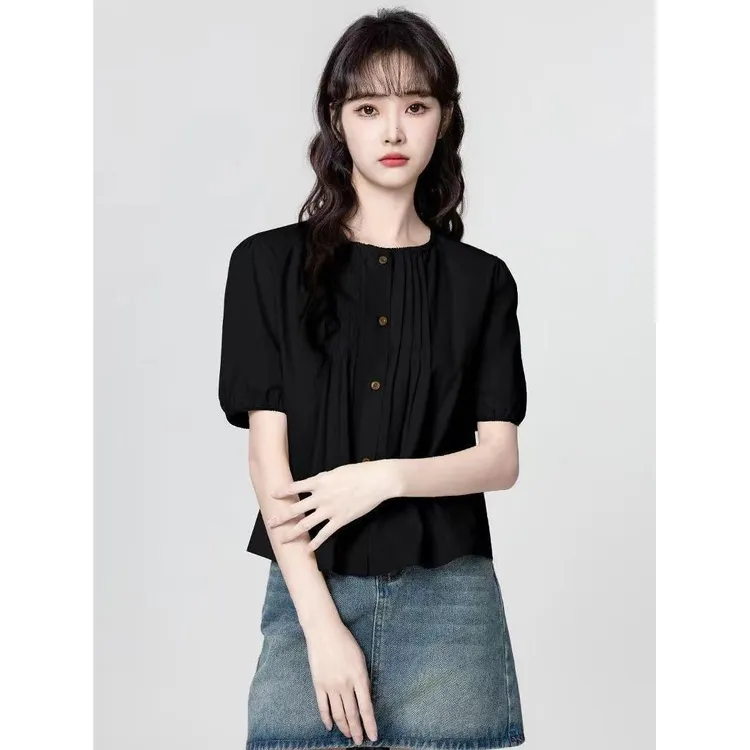 圆领泡泡衬衫夏季宽松新款显瘦设计衬衣短袖娃娃短款上衣