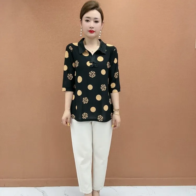 秋新款加大码宽松印花盘扣时尚减龄遮肚显瘦中老年妈妈装衬衫上衣