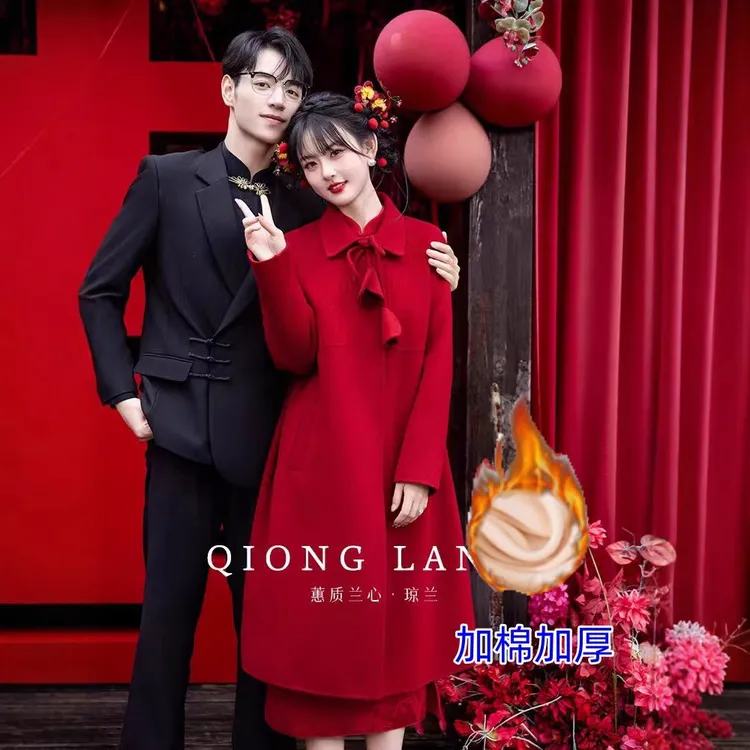 新年红色仿羊毛大衣小个子秋冬订婚结婚出门敬酒新娘毛呢外套