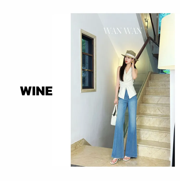 【Wine】·蓝调唱片·夏季新款莱赛尔微喇牛仔直筒喇叭牛仔裤